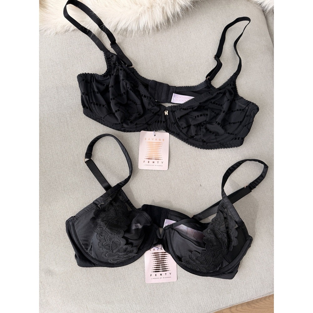 Savage X Fenty Bra Set Womens 36C Black NWT Lace Mesh Flocked Logo 2 Pack - Picture 1 of 12